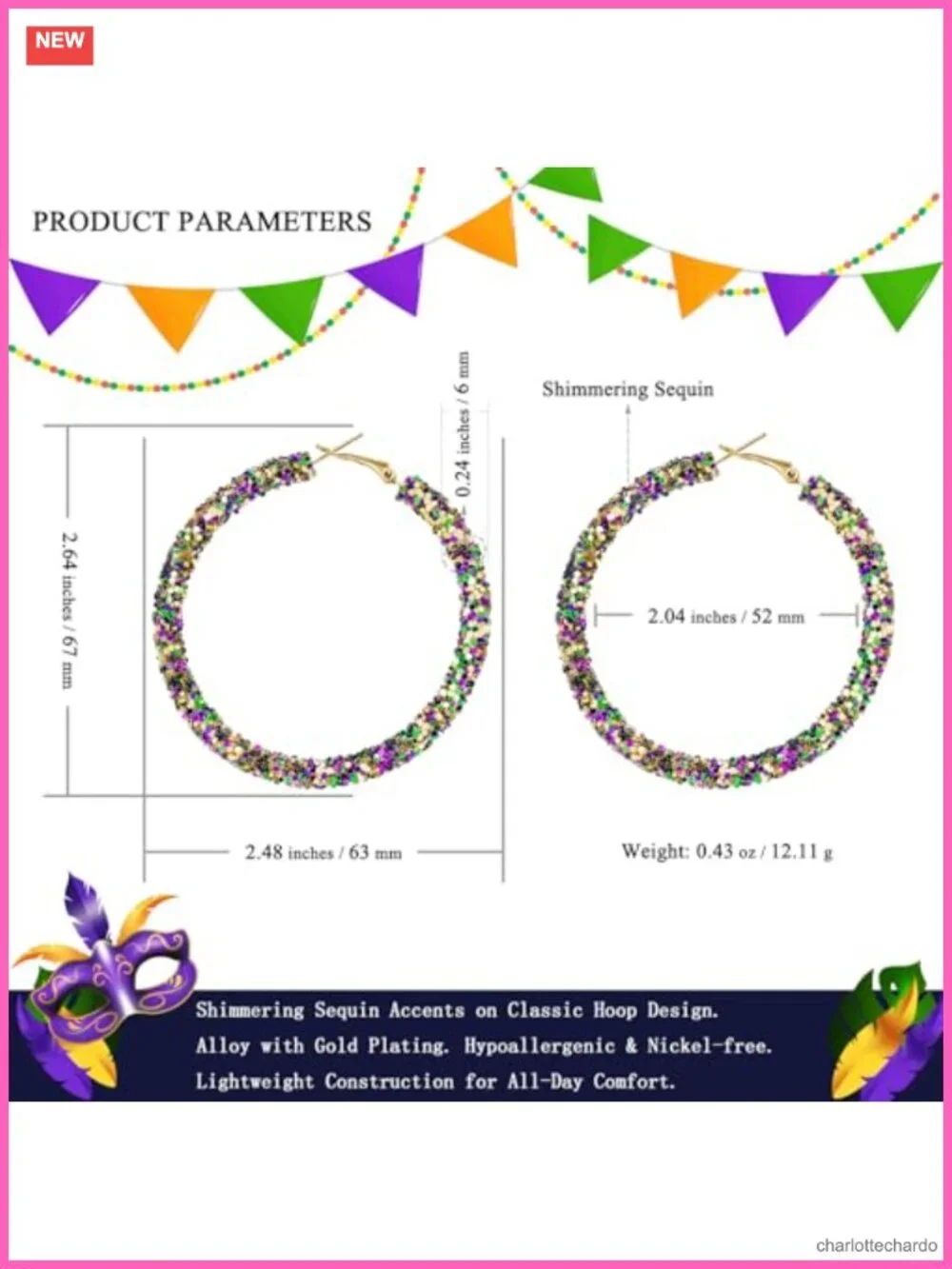 Gold Plated Hoop Earrings Sequin Dangle 2.64